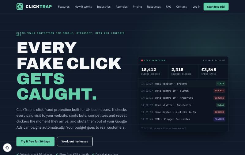 ClickTrap website homepage designed by webconsultancy.dev