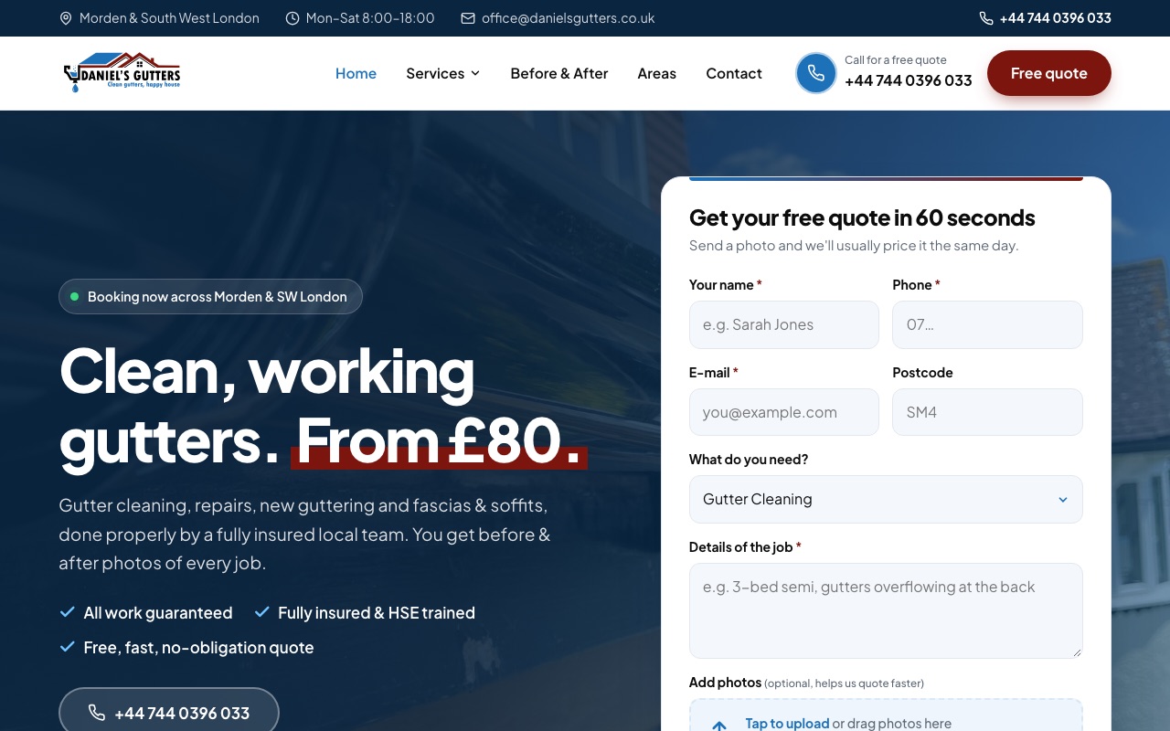 Daniel's Gutters website homepage designed by webconsultancy.dev
