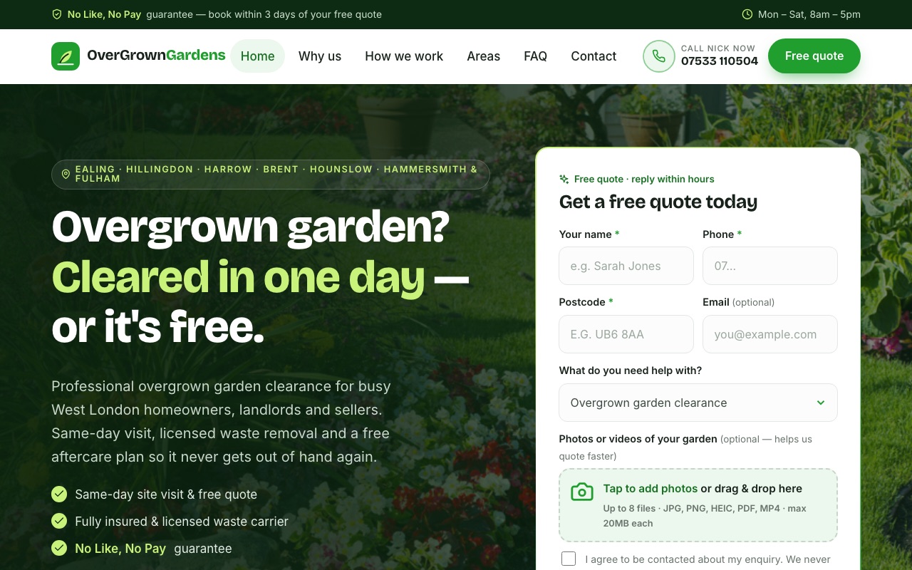 Overgrown Gardens website homepage designed by webconsultancy.dev